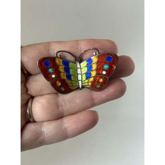 Vintage Sterling Silver and Rainbow Enamel Butterfly Pin - Picture 4 of 4